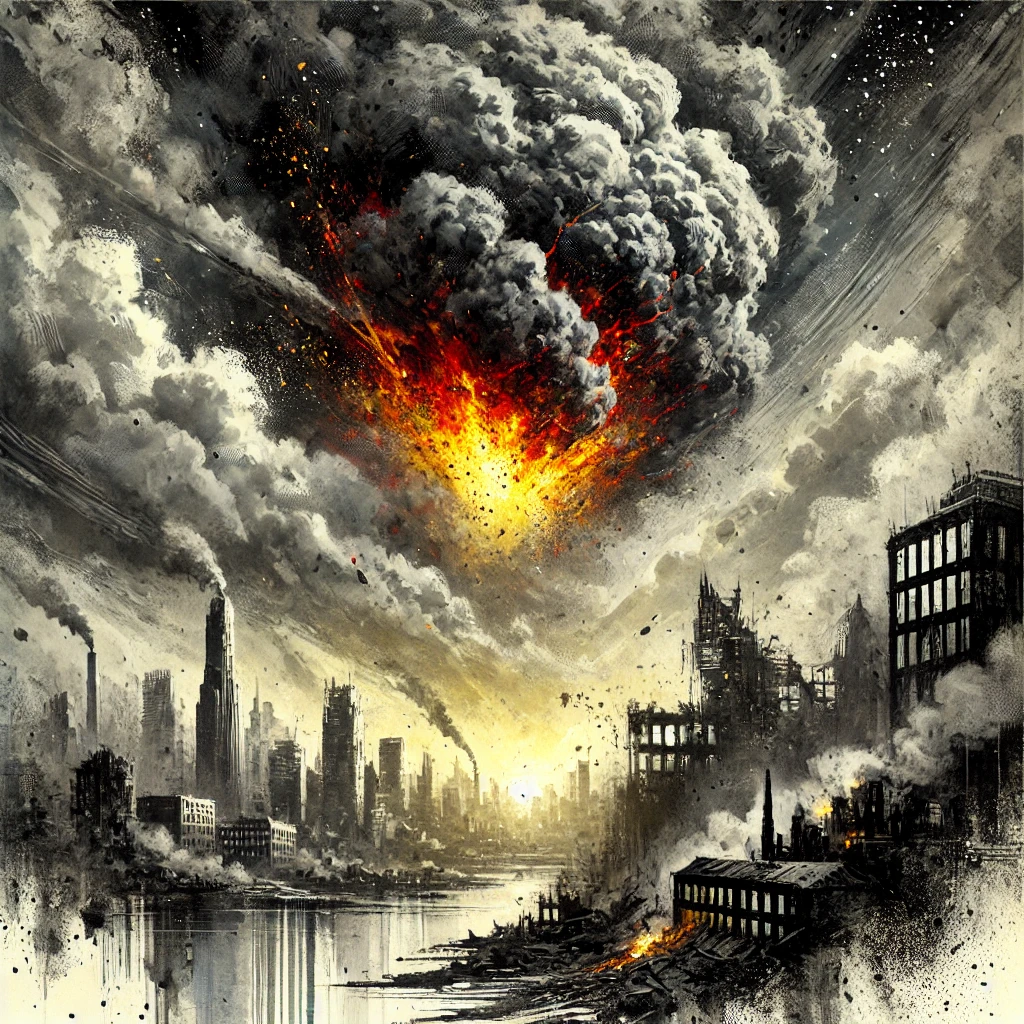 FERAL — Beyond the Solarii, cover art: a burning city under a falling sky